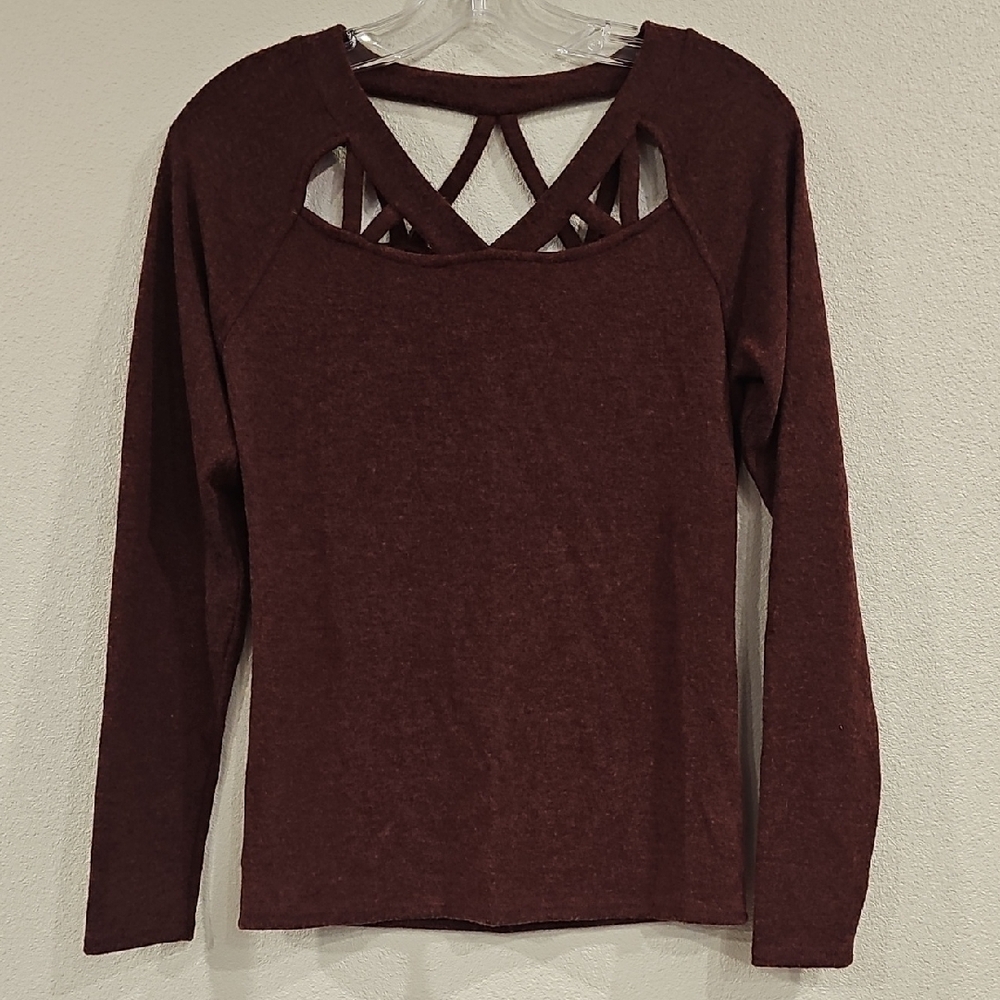 Red Long Sleeve Cut Out Blouse with Crisscross Detail